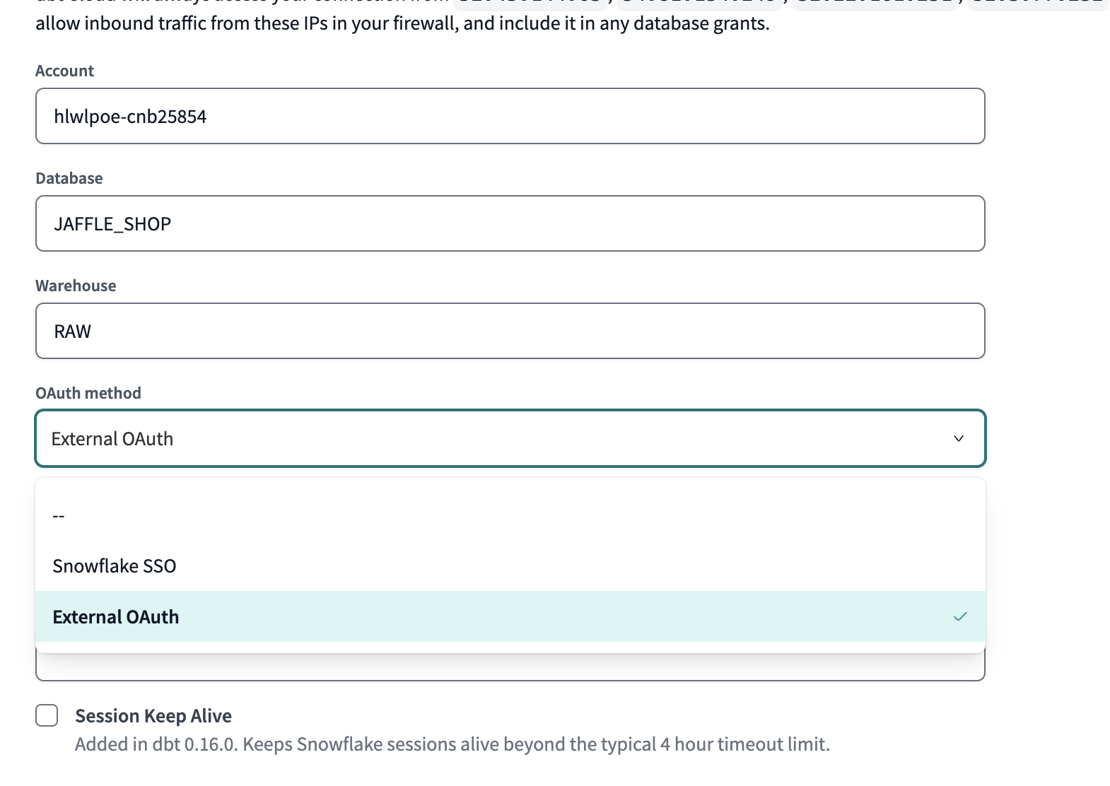 The new configuration window in dbt Cloud with the External OAuth showing as an option.